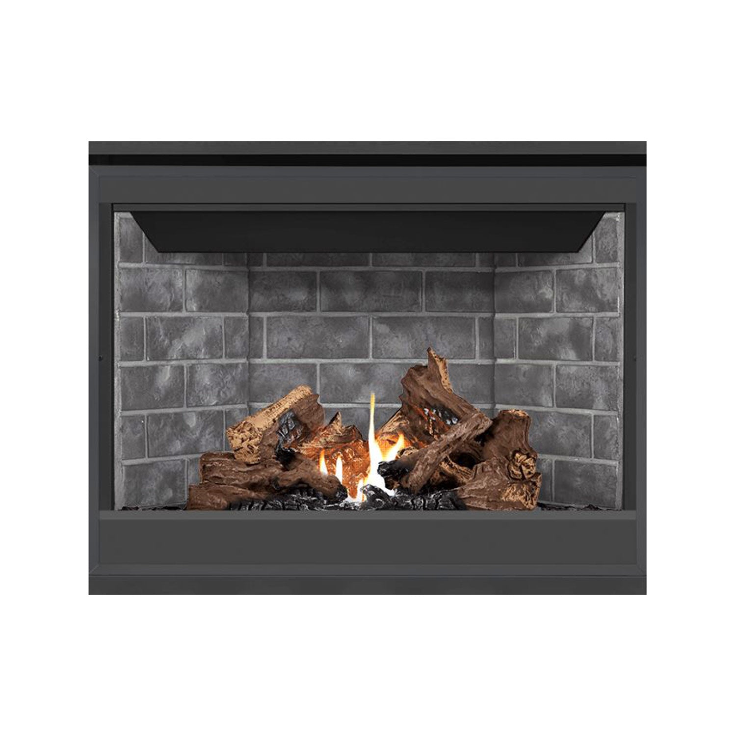 Direct vent gas fireplace with burning logs and flame in dark gray brick surround