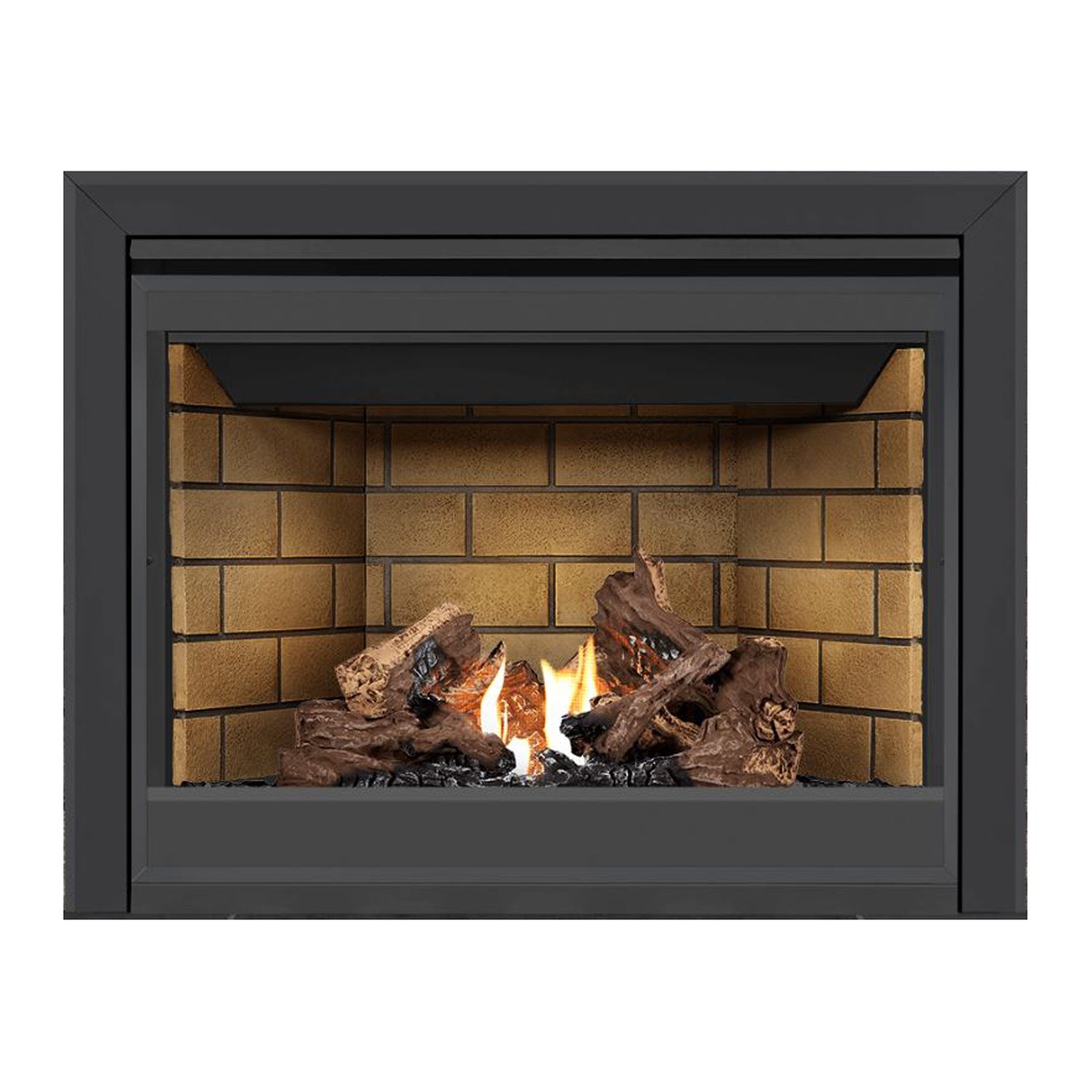 Direct vent gas fireplace with dark face, tan brick interior, burning logs and flames.