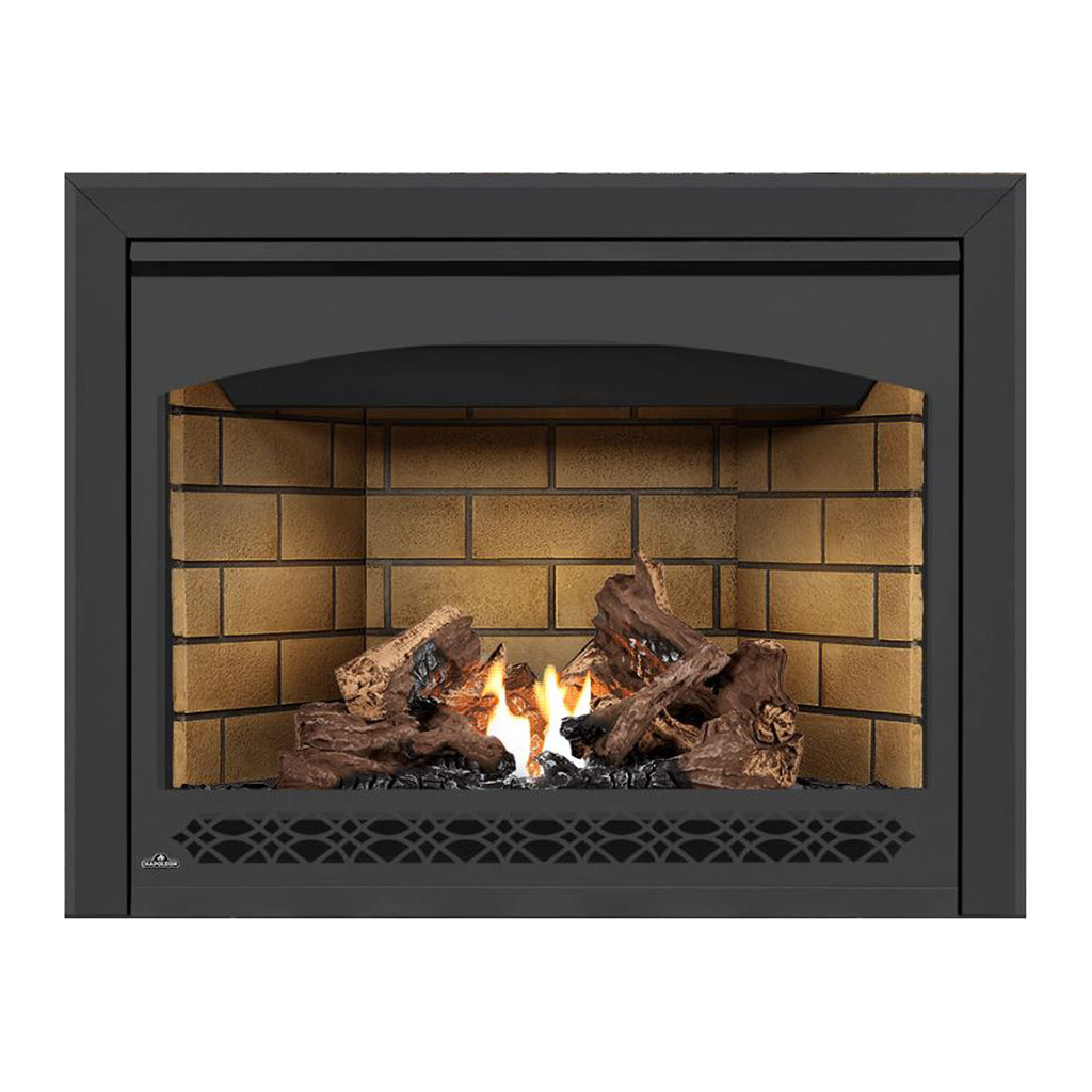 Direct vent gas fireplace with brick back panel, burning log set, and lower vent grille