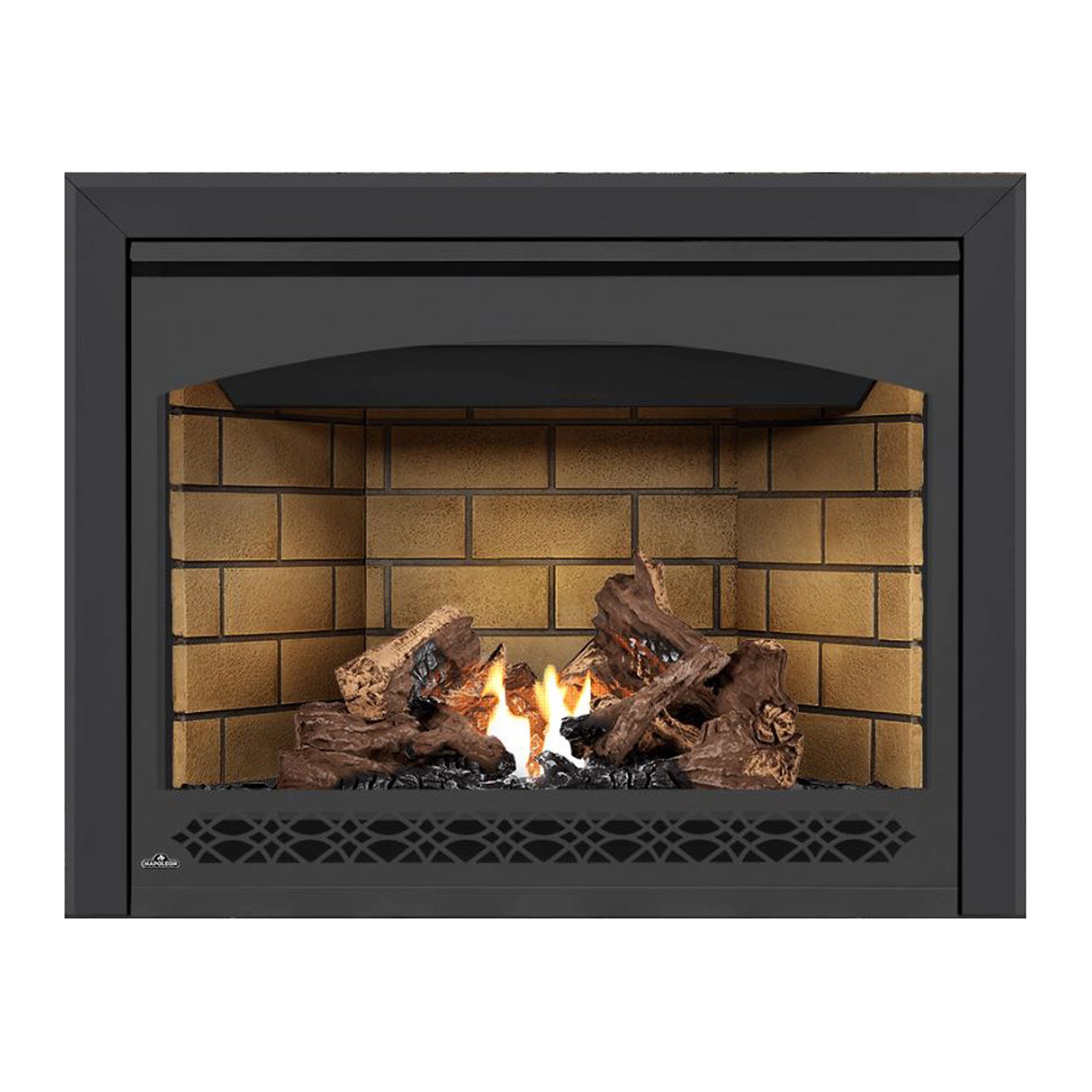 Direct vent gas fireplace with brick back panel, burning log set, and lower vent grille