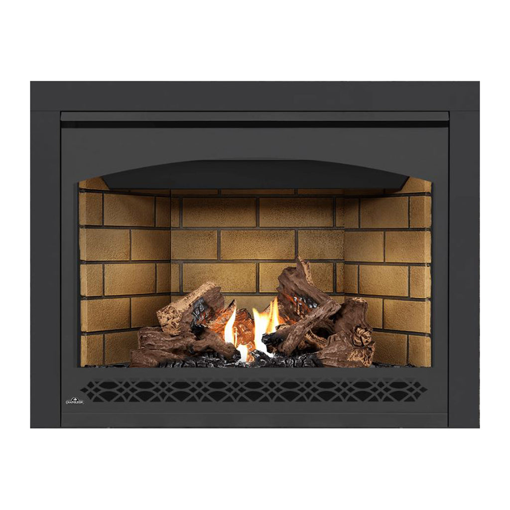 Black direct-vent gas fireplace with decorative lower grille, burning flames and logs