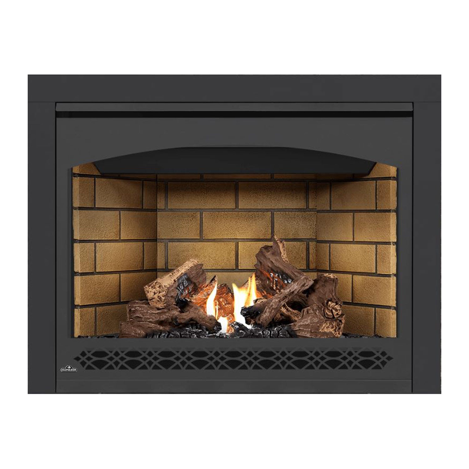 Black direct-vent gas fireplace with decorative lower grille, burning flames and logs