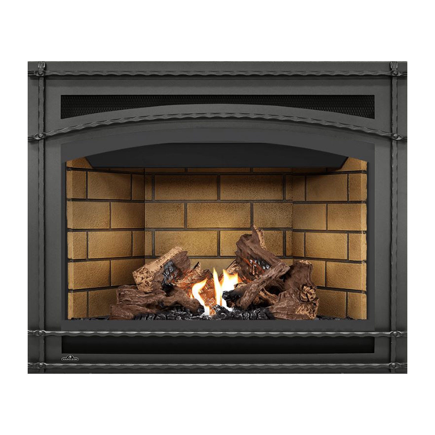 Black direct vent gas fireplace with arched glass front, burning logs and tan brick backdrop