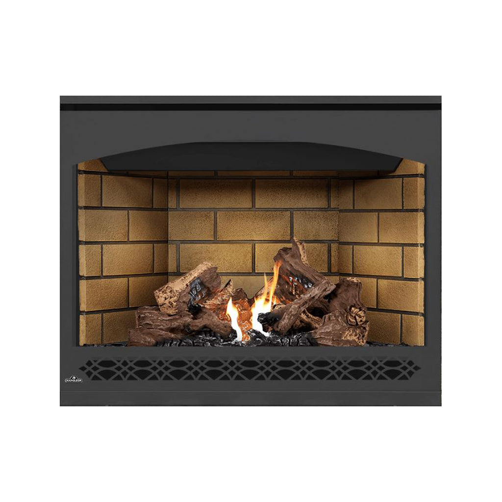 Direct vent gas fireplace with dark face, tan brick interior and mesh grate, burning logs.