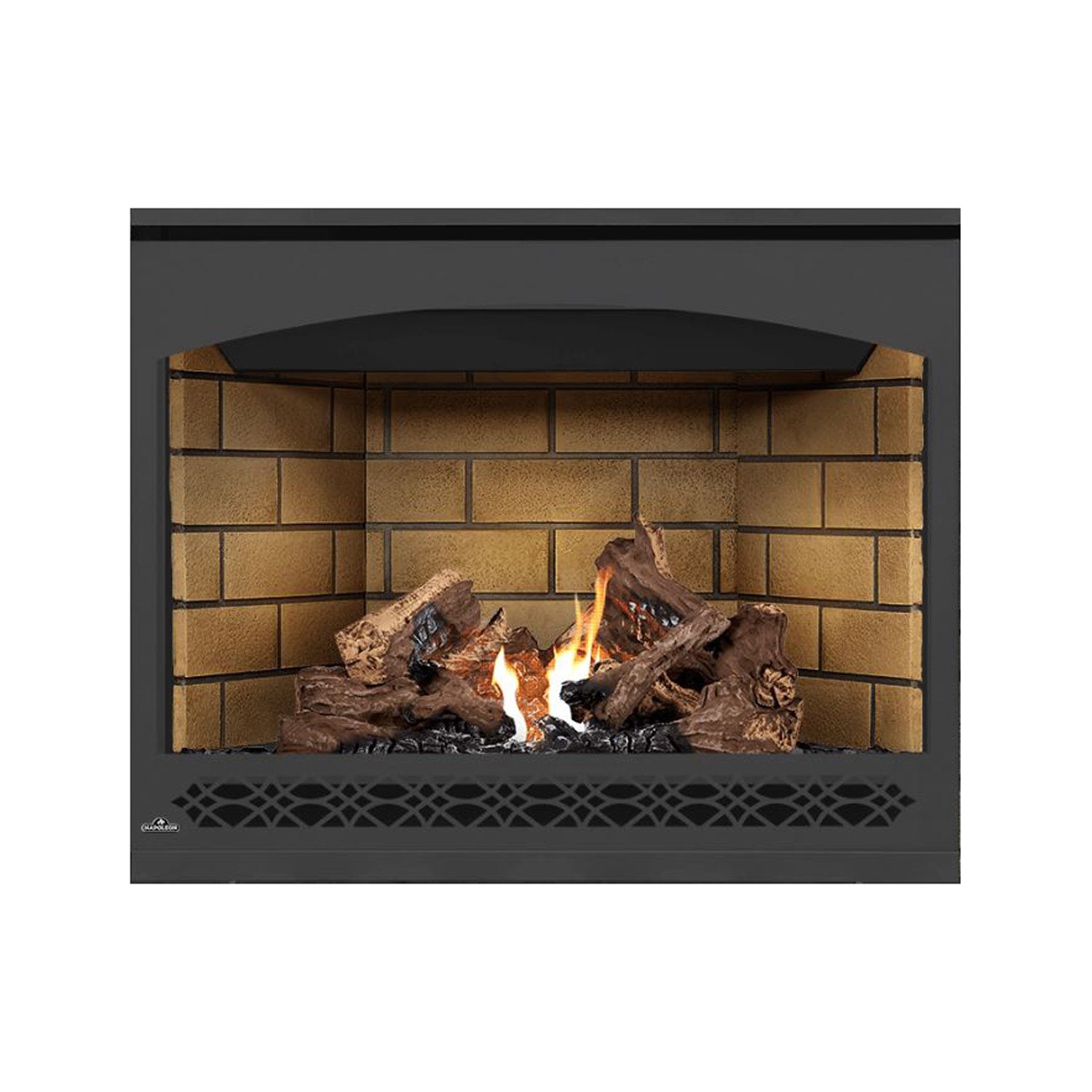 Direct vent gas fireplace with dark face, tan brick interior and mesh grate, burning logs.