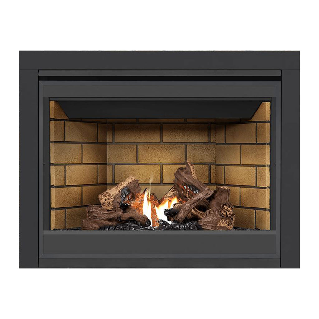 Direct vent gas fireplace with brick back panel, dark surround, burning logs and flames