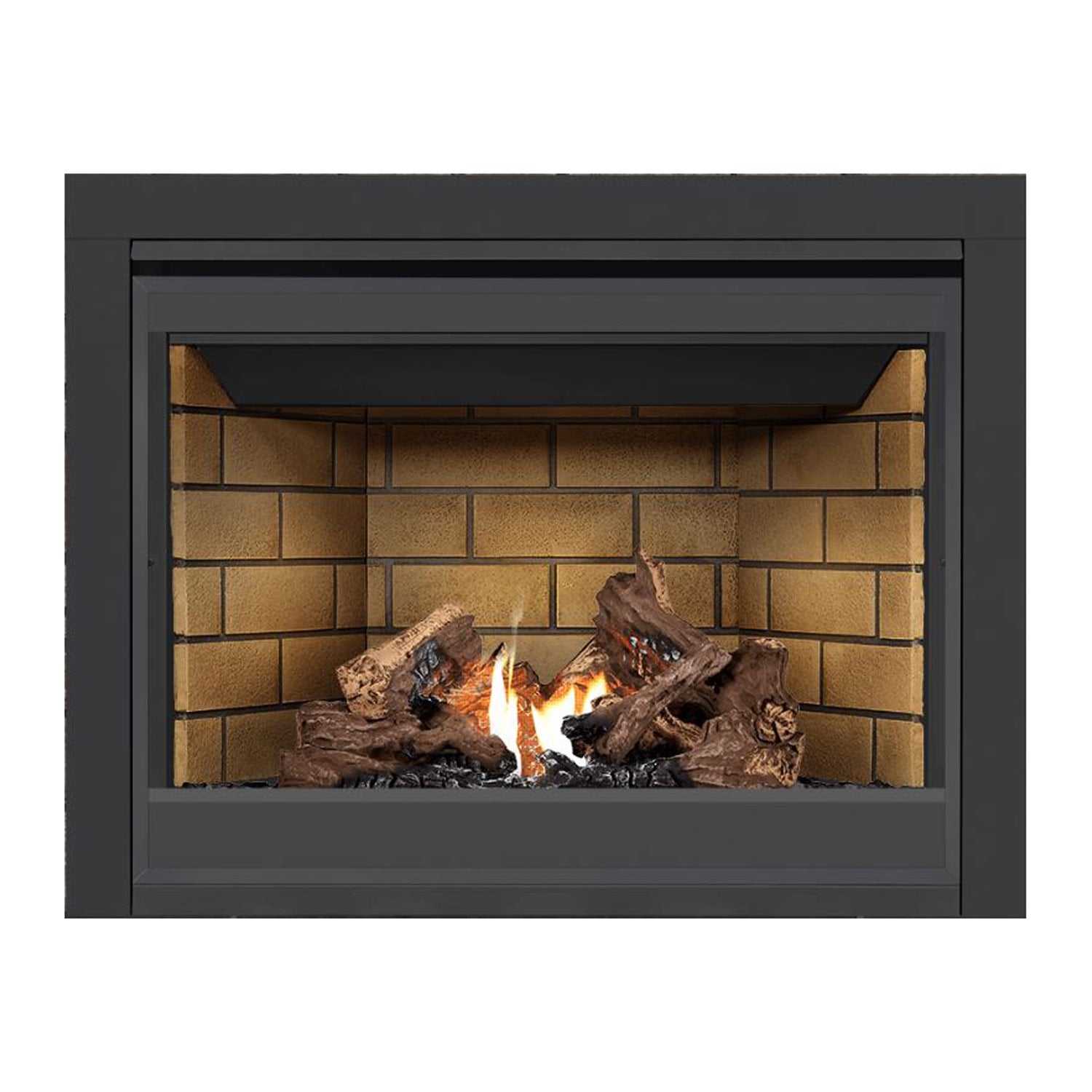 Direct vent gas fireplace with brick back panel, dark surround, burning logs and flames