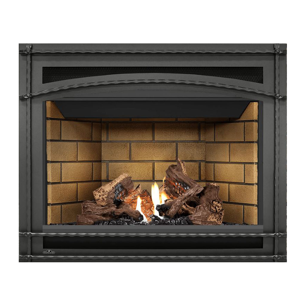 Direct vent gas fireplace with brick back panel, dark surround, burning logs and flames