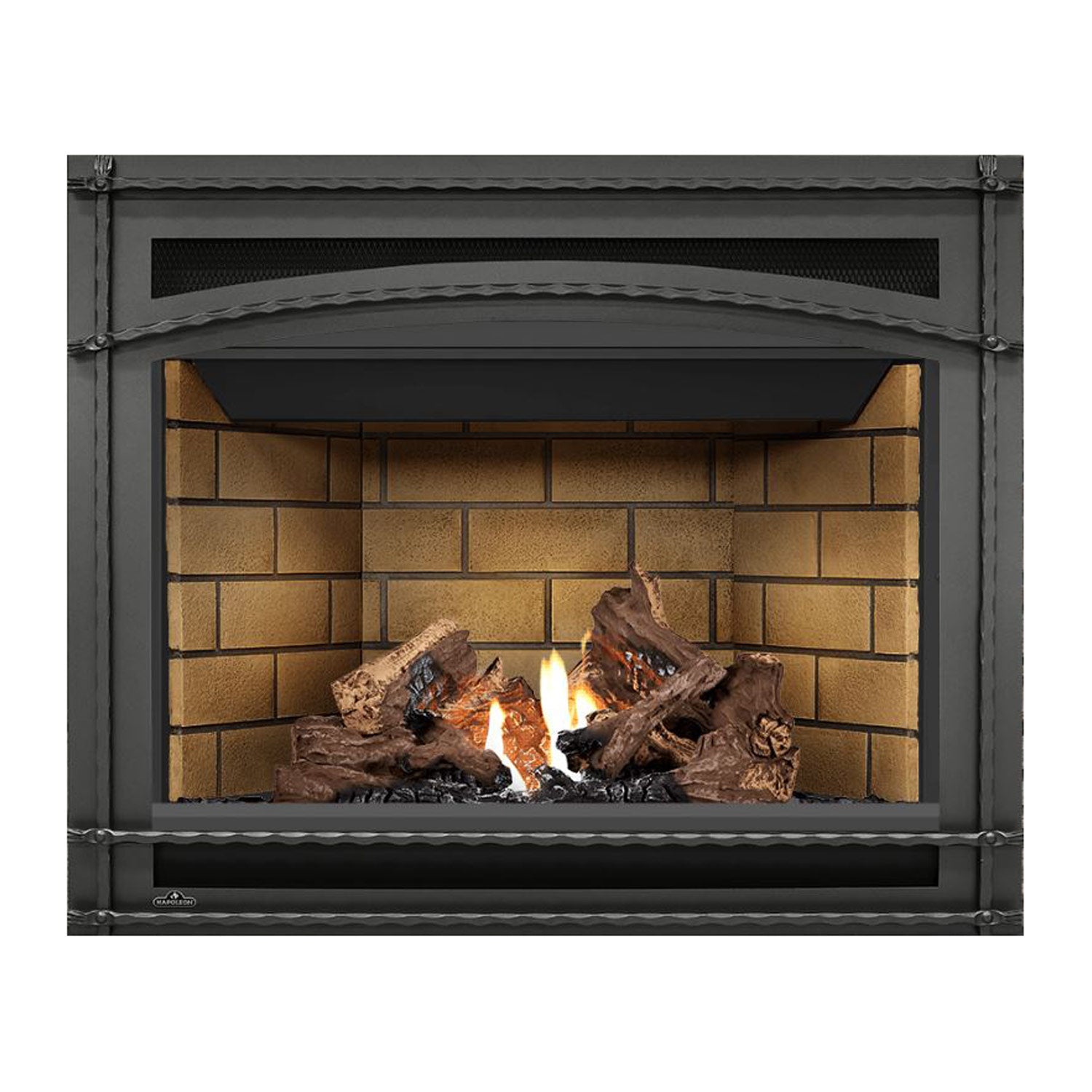 Direct vent gas fireplace with brick back panel, dark surround, burning logs and flames