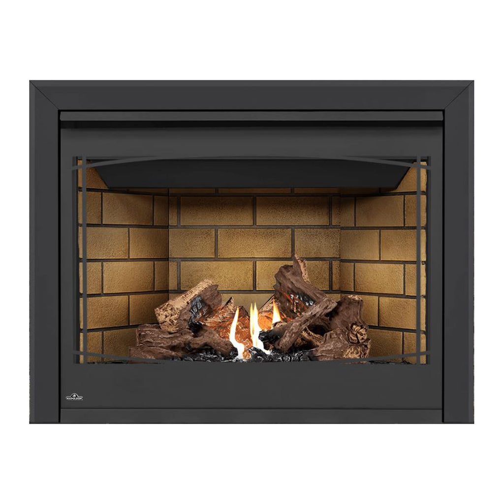 Black direct-vent gas fireplace front, burning flames over logs against brick back