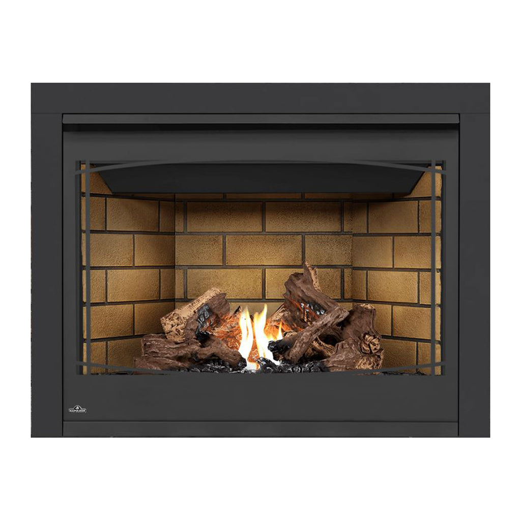 Black direct-vent gas fireplace with brick interior, burning flames and log set behind glass