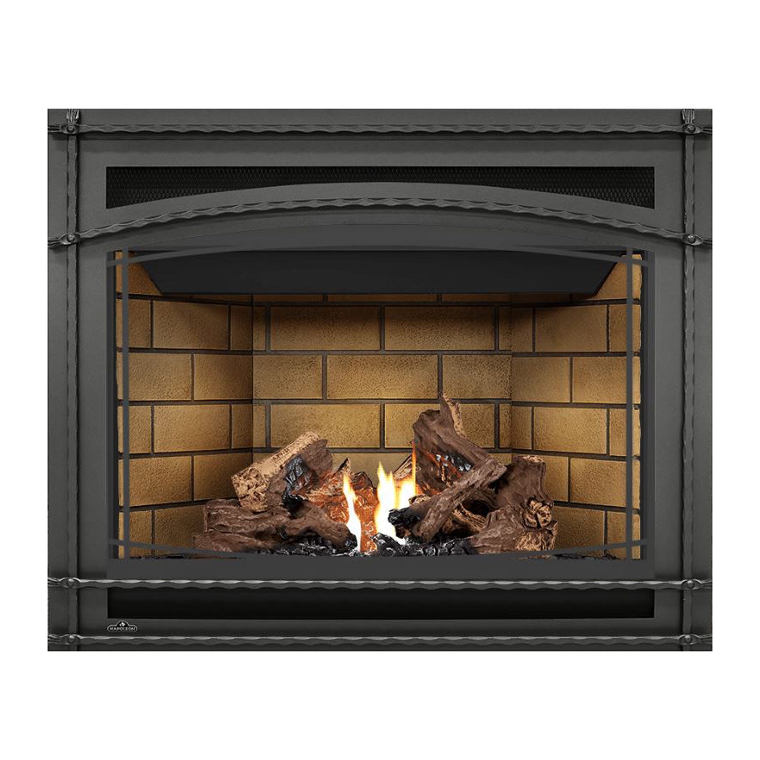 Direct vent gas fireplace with black frame, burning logs and orange flames on tan brick