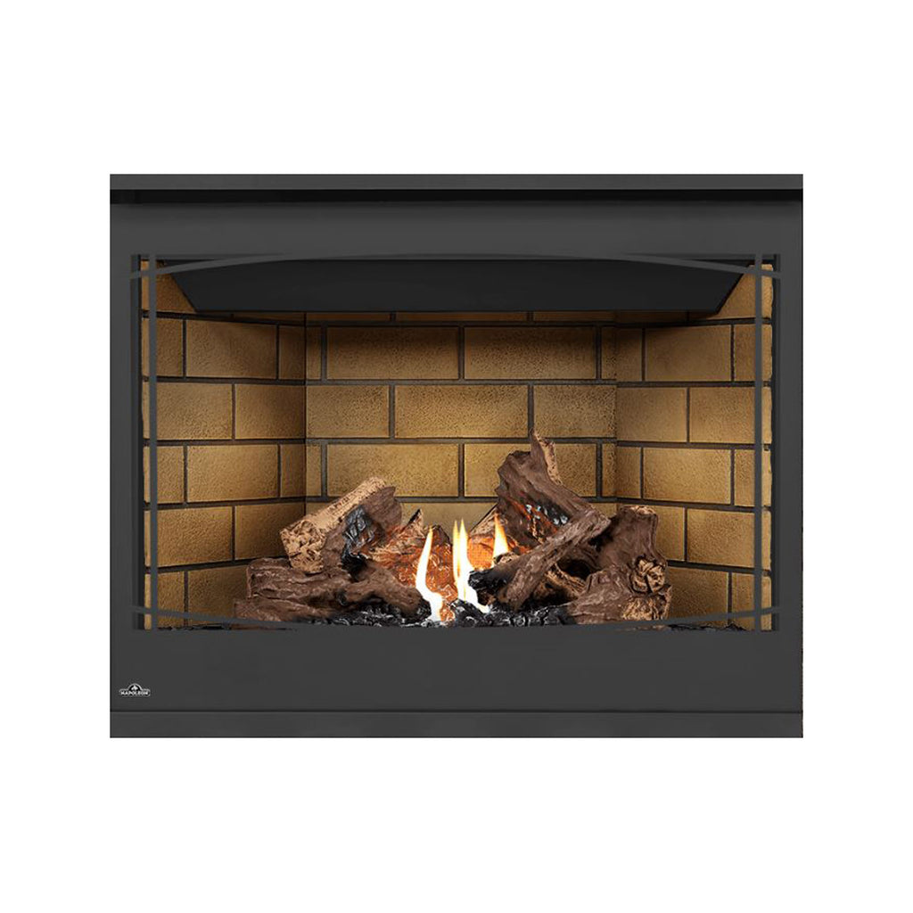 Direct vent gas fireplace with glowing flames and tan brick back panel