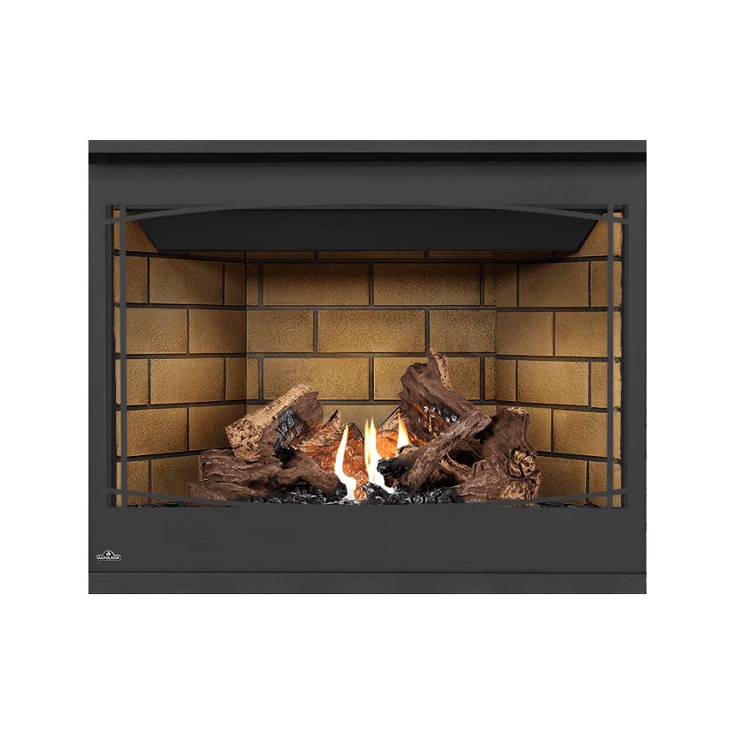 Black direct-vent gas fireplace front view, burning flames in brick interior with log set