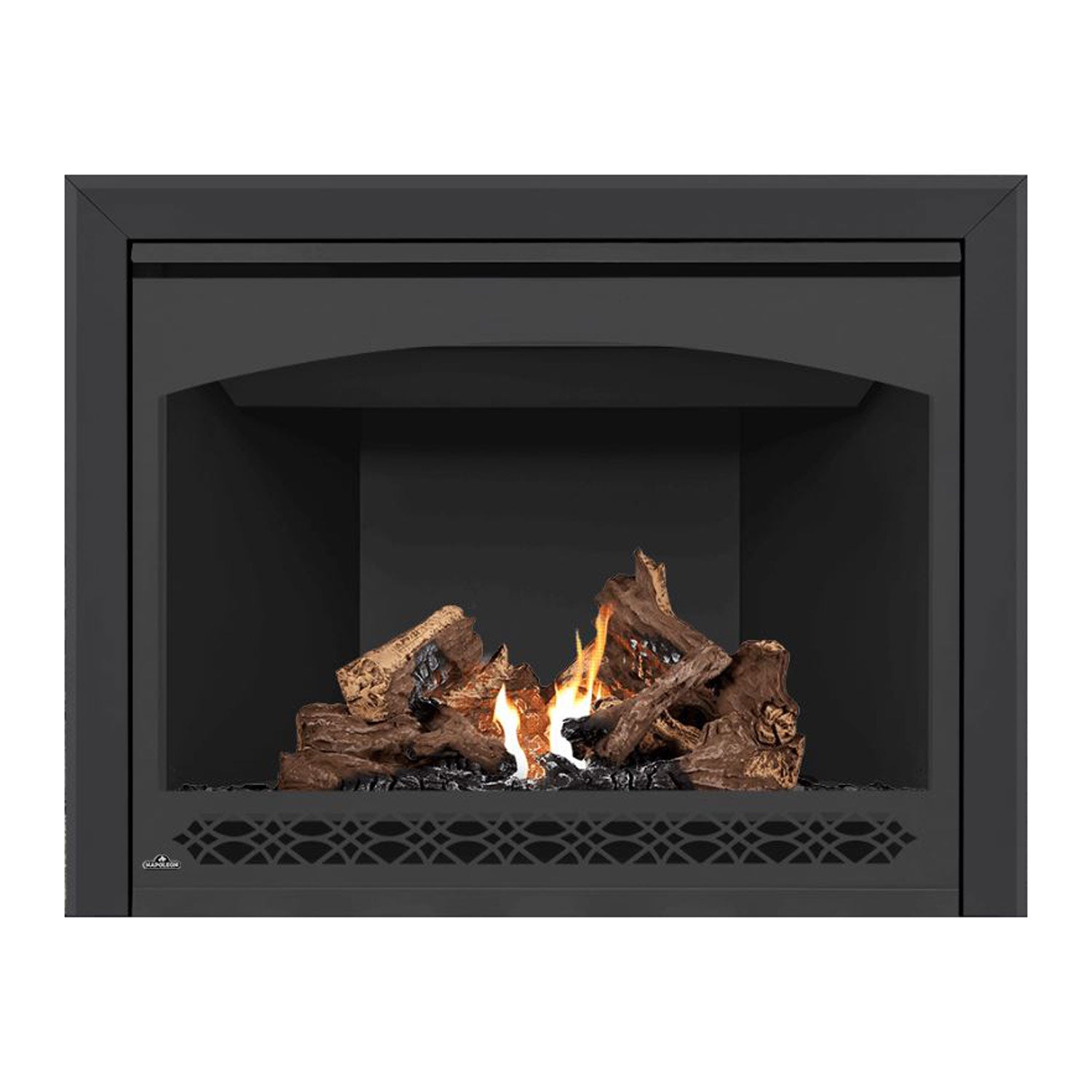 Direct vent gas fireplace with dark front panel, burning logs and orange flames inside
