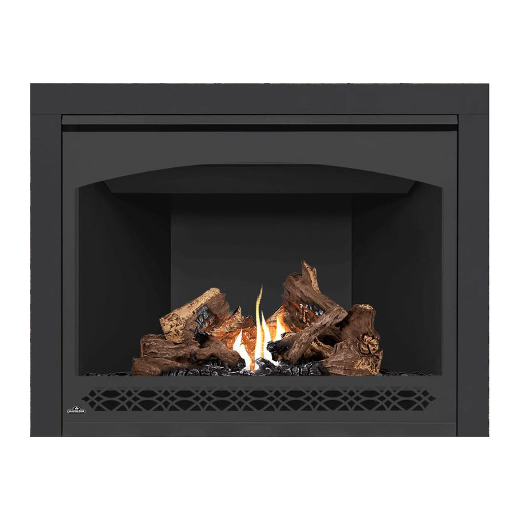 Napoleon direct vent gas fireplace with arched dark surround and burning log set