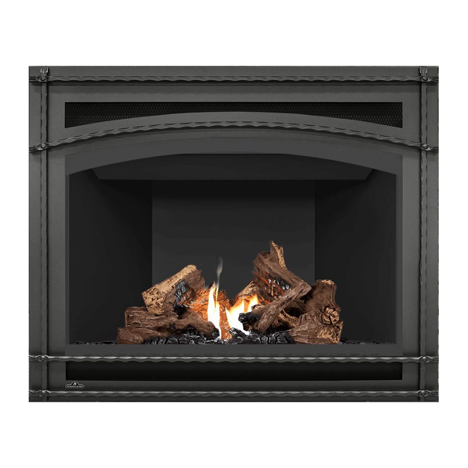 Direct vent gas fireplace with black interior panels, dark surround, burning logs and flames
