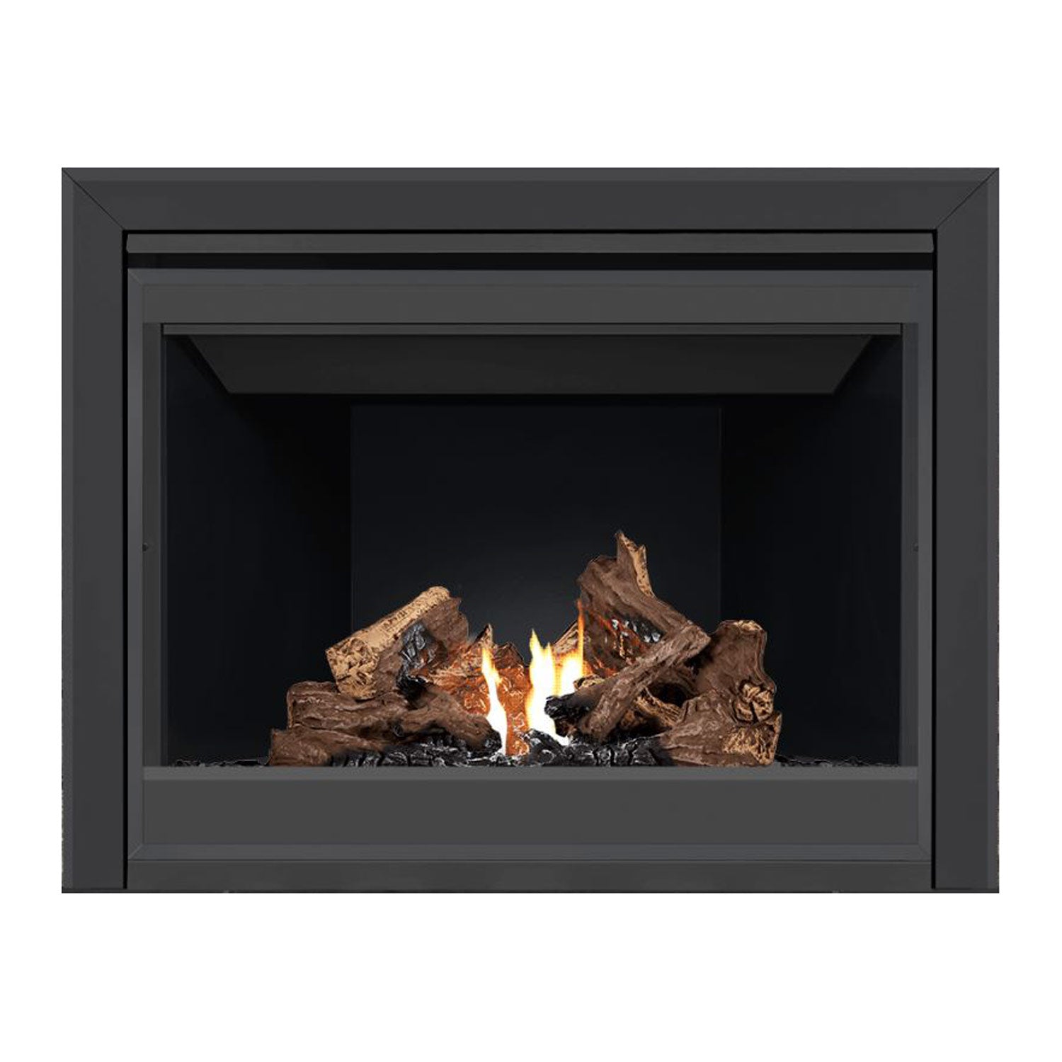 Direct vent gas fireplace with dark glass front and burning log set inside