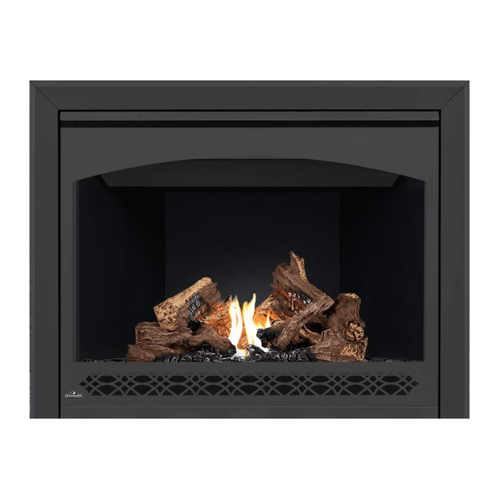 Direct vent gas fireplace with front diamond vent and burning logs inside the firebox
