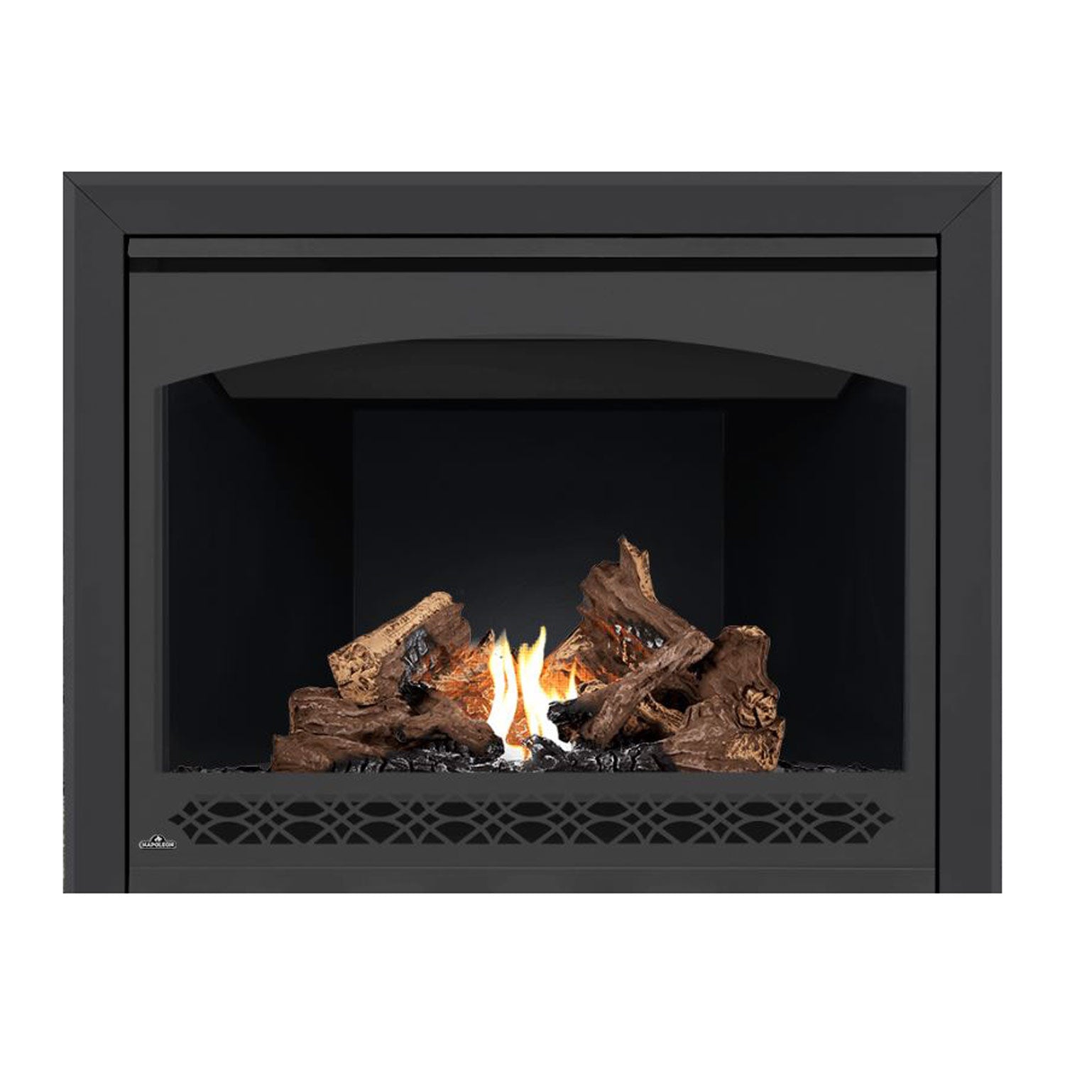 Direct vent gas fireplace with front diamond vent and burning logs inside the firebox