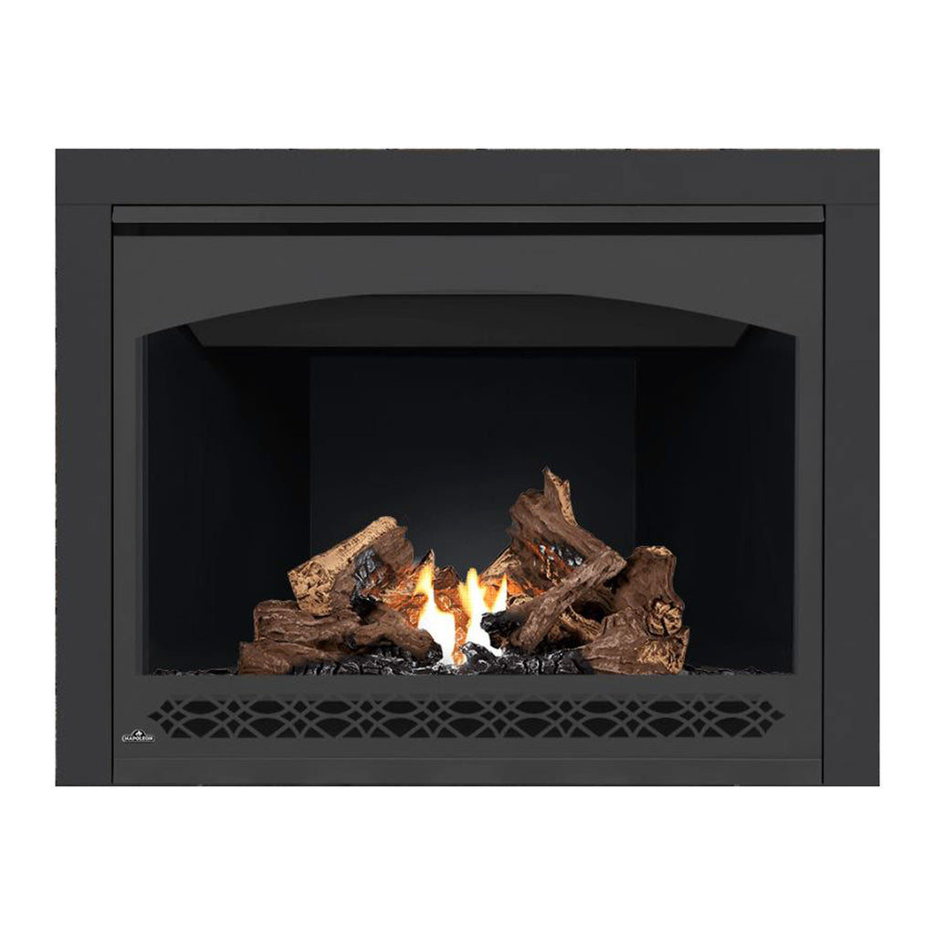 Gas fireplace with black frame, glass front, burning logs, and dark back panel