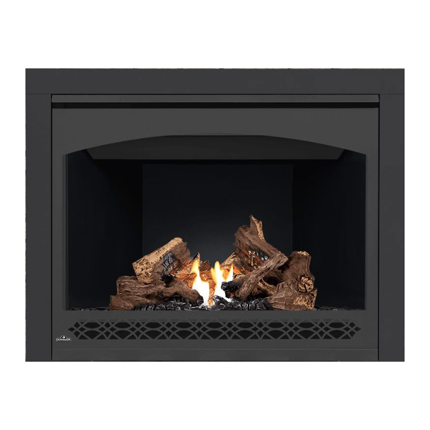 Gas fireplace with black frame, glass front, burning logs, and dark back panel