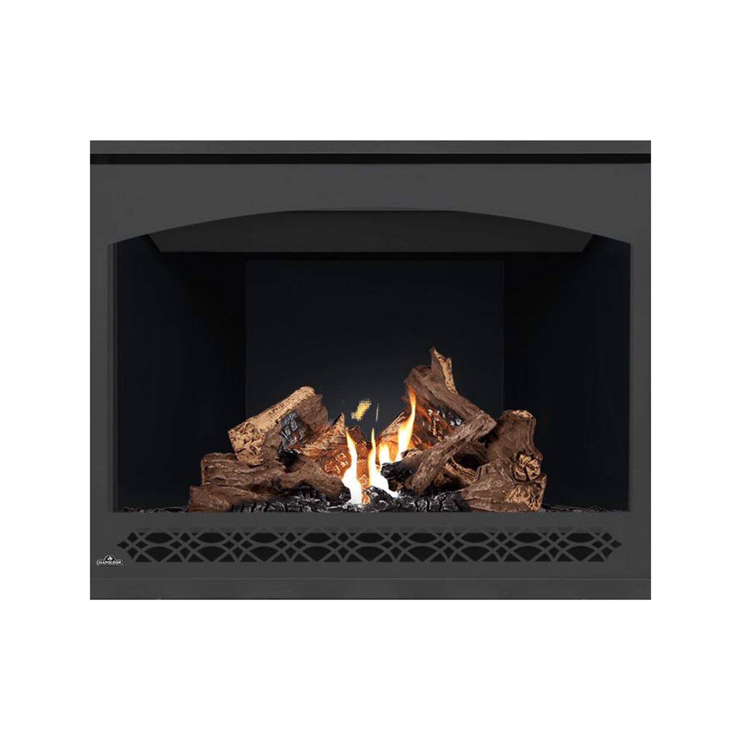 Direct vent gas fireplace with dark face, open firebox with mesh grate, burning logs and flames.