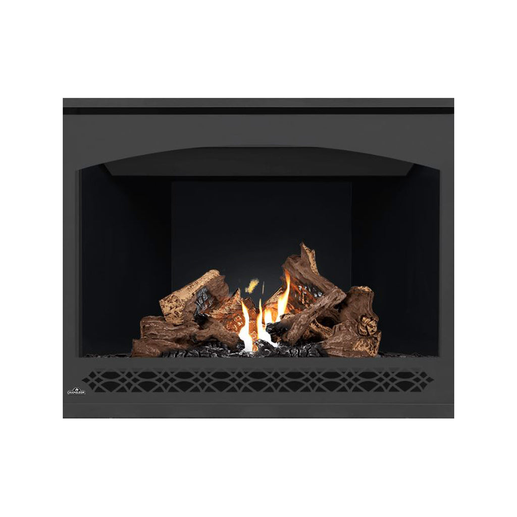 Direct vent gas fireplace with arched top opening and burning log set behind glass