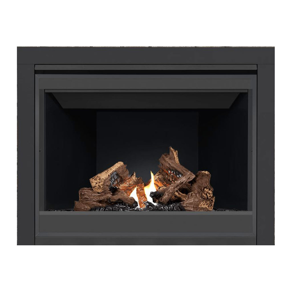 Direct vent gas fireplace with glass front, dark surround, glowing logs with small flames