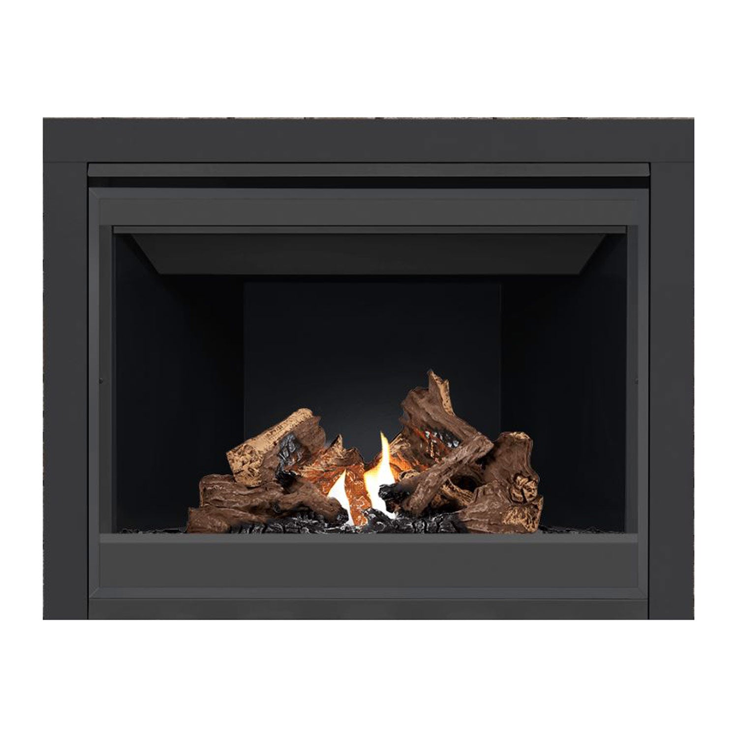 Napoleon direct vent gas fireplace with dark cabinet front and burning log set