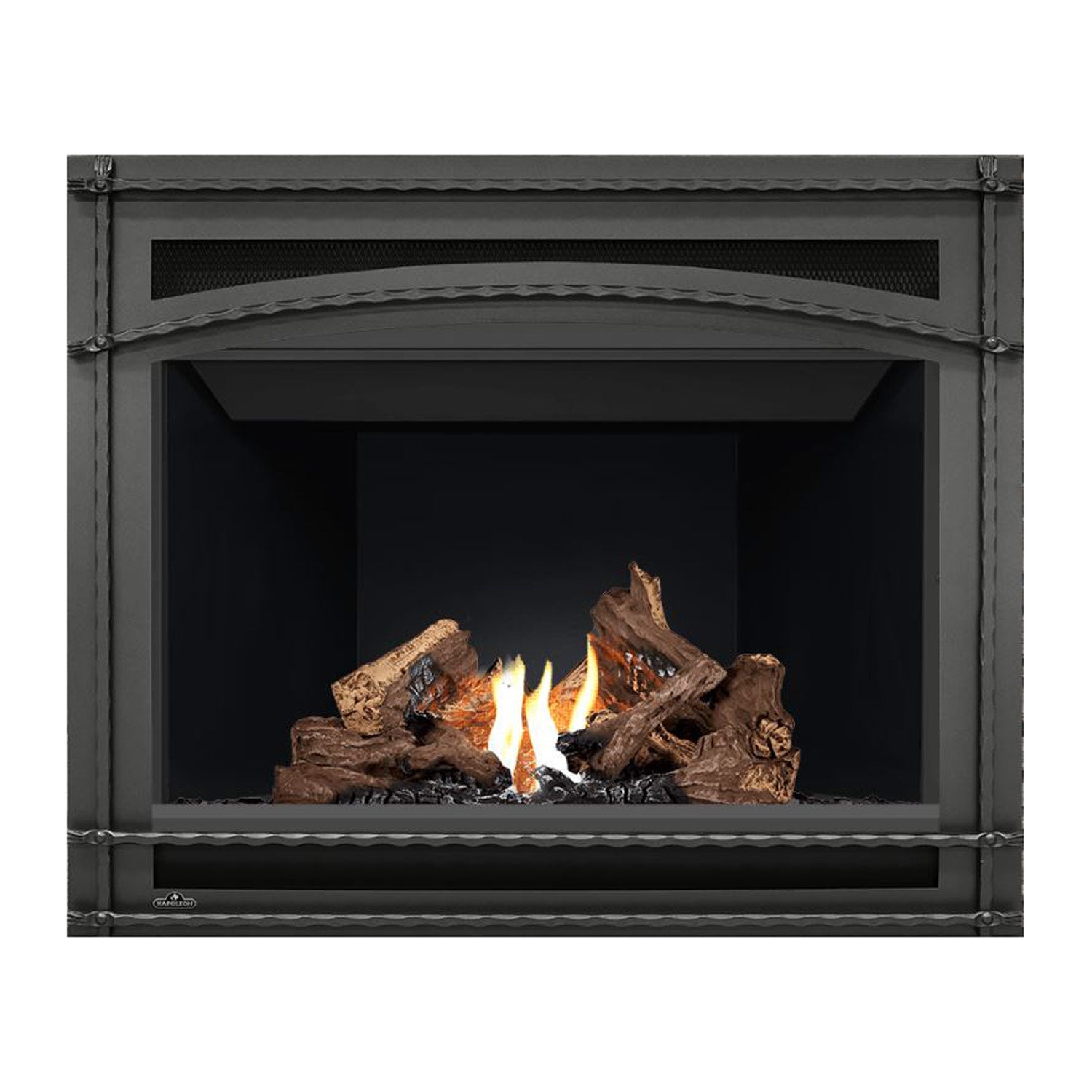 Direct vent gas fireplace with dark surround, mesh screen, and burning logs inside