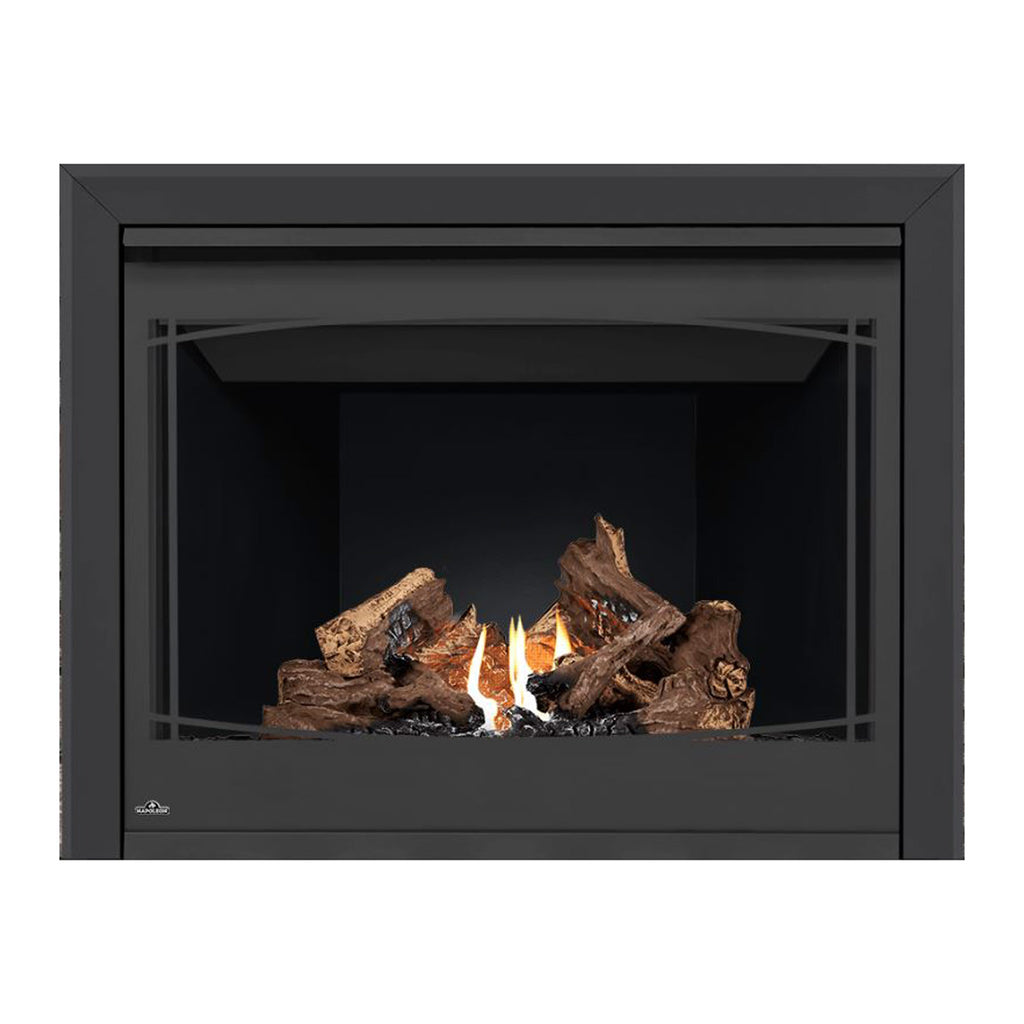 Direct vent gas fireplace with dark frame and burning logs visible through glass