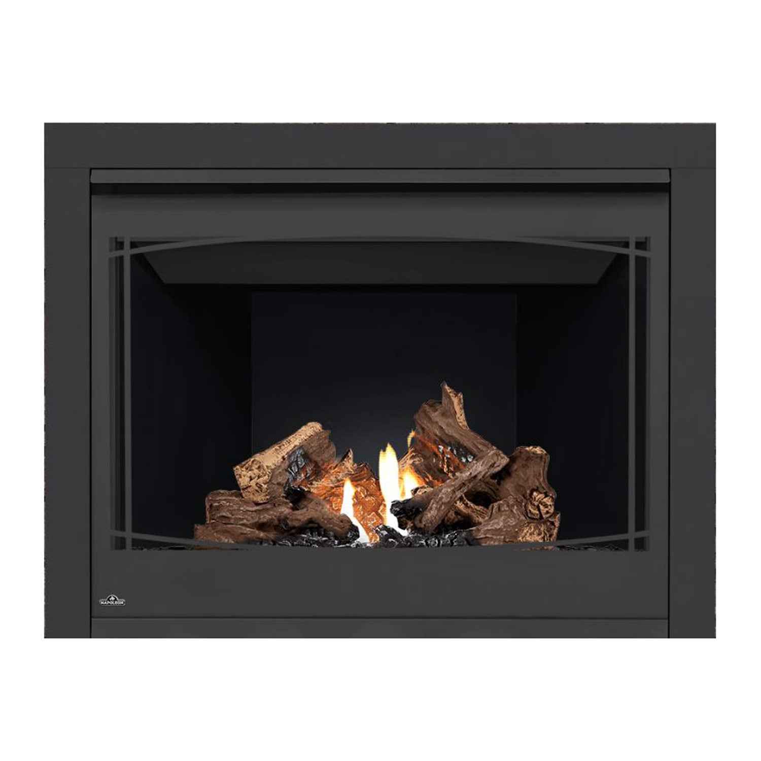 Gas fireplace with black frame, glass front, burning logs, and dark back panel