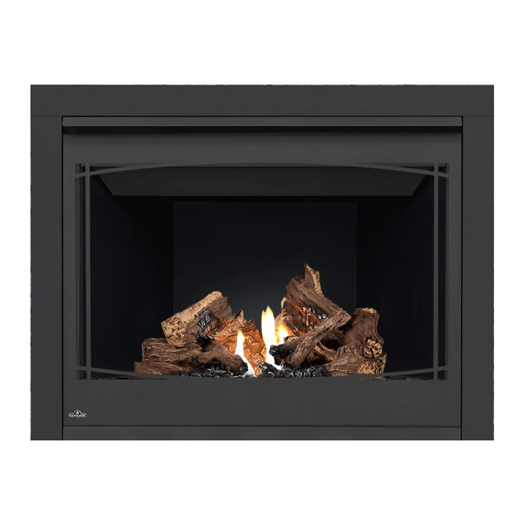 Direct vent gas fireplace with side window grilles and burning log set behind glass