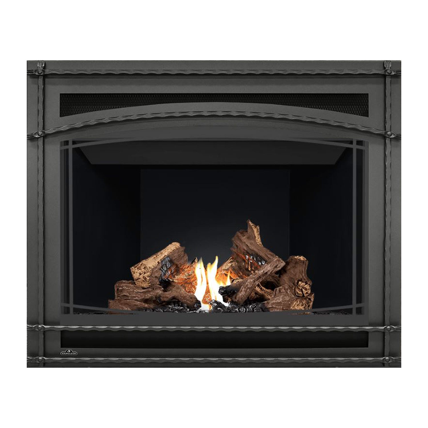 Direct vent gas fireplace view with dark interior, burning logs, and perforated vent panel