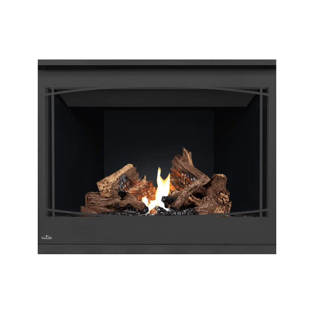 Direct vent gas fireplace with glowing flames and dark interior back panel