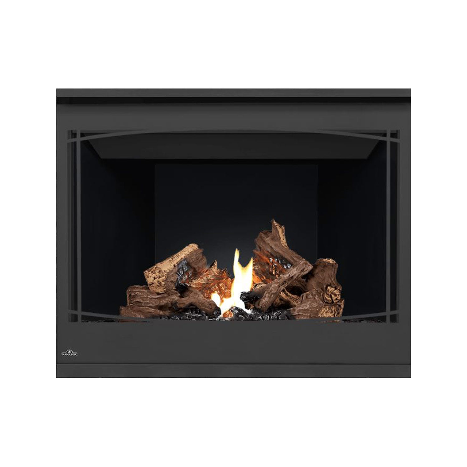 Direct vent gas fireplace with glass viewing panel and burning logs in dark firebox