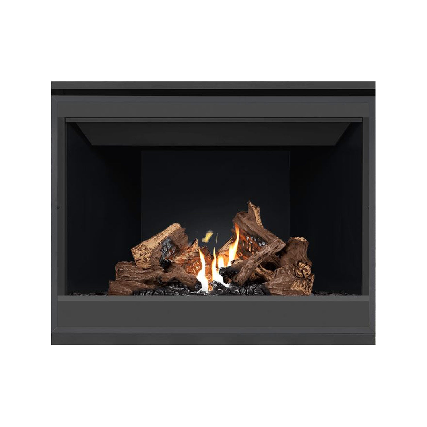 Napoleon direct vent gas fireplace with dark interior and burning log set