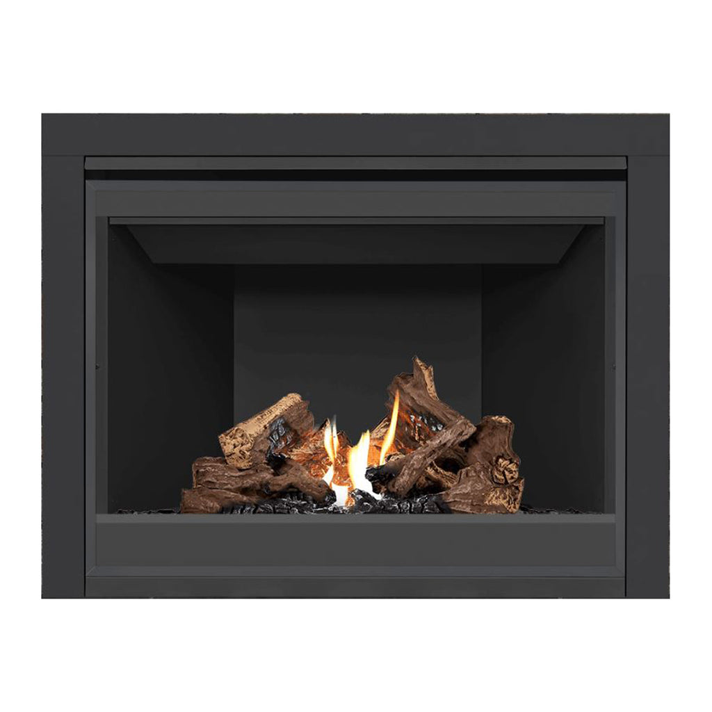 Direct vent gas fireplace with glowing flames and dark interior back panel
