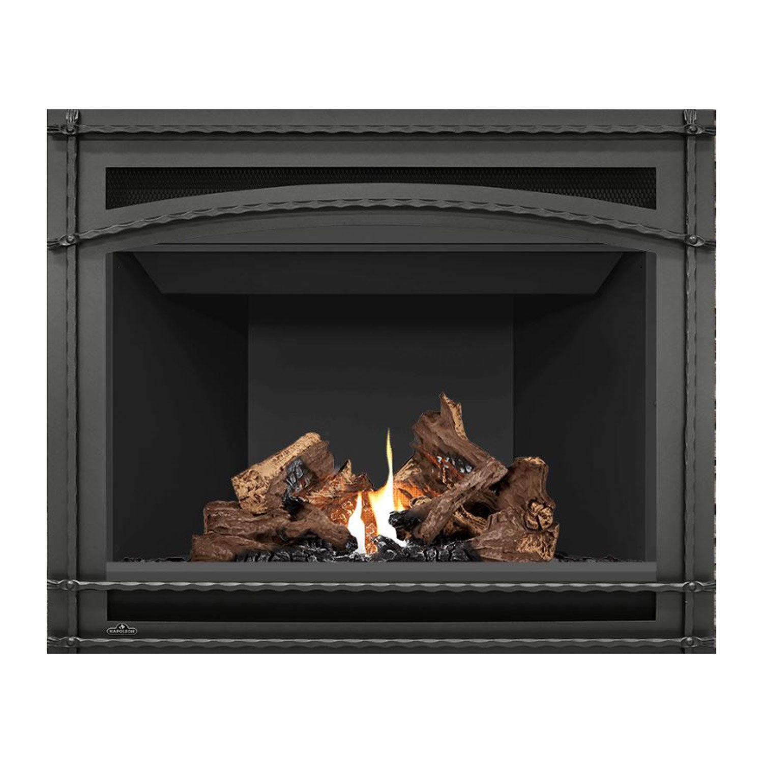 Direct vent gas fireplace with ornate dark frame and glass opening, burning log set visible