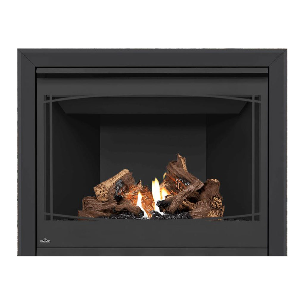 Direct vent gas fireplace with dark glass front and flame bed, burning logs and orange flames