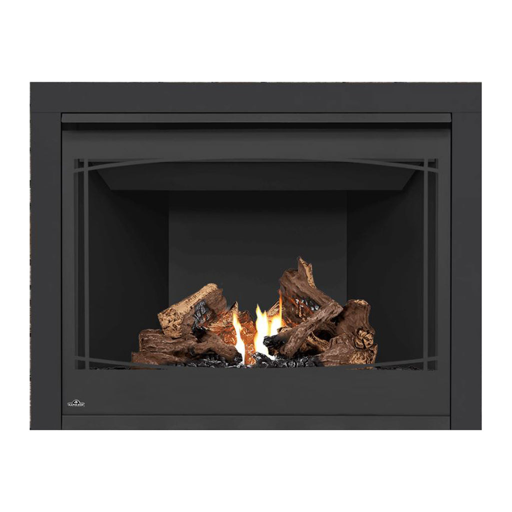 Napoleon direct vent gas fireplace with dark frame grilles and burning log set