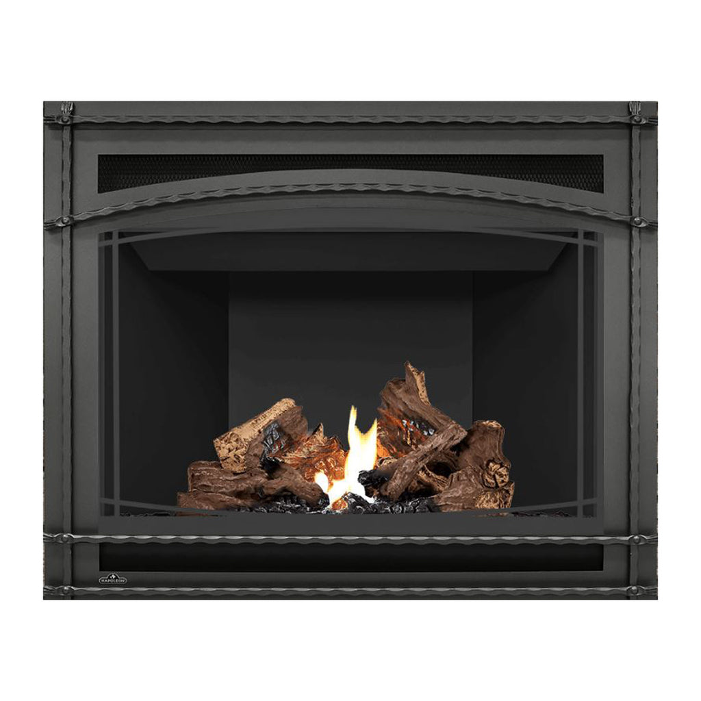 Napoleon direct vent gas fireplace with metal surround and burning log set