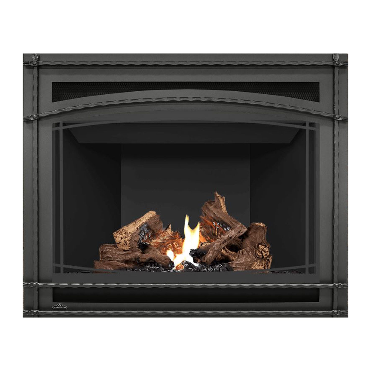 Napoleon direct vent gas fireplace with metal surround and burning log set