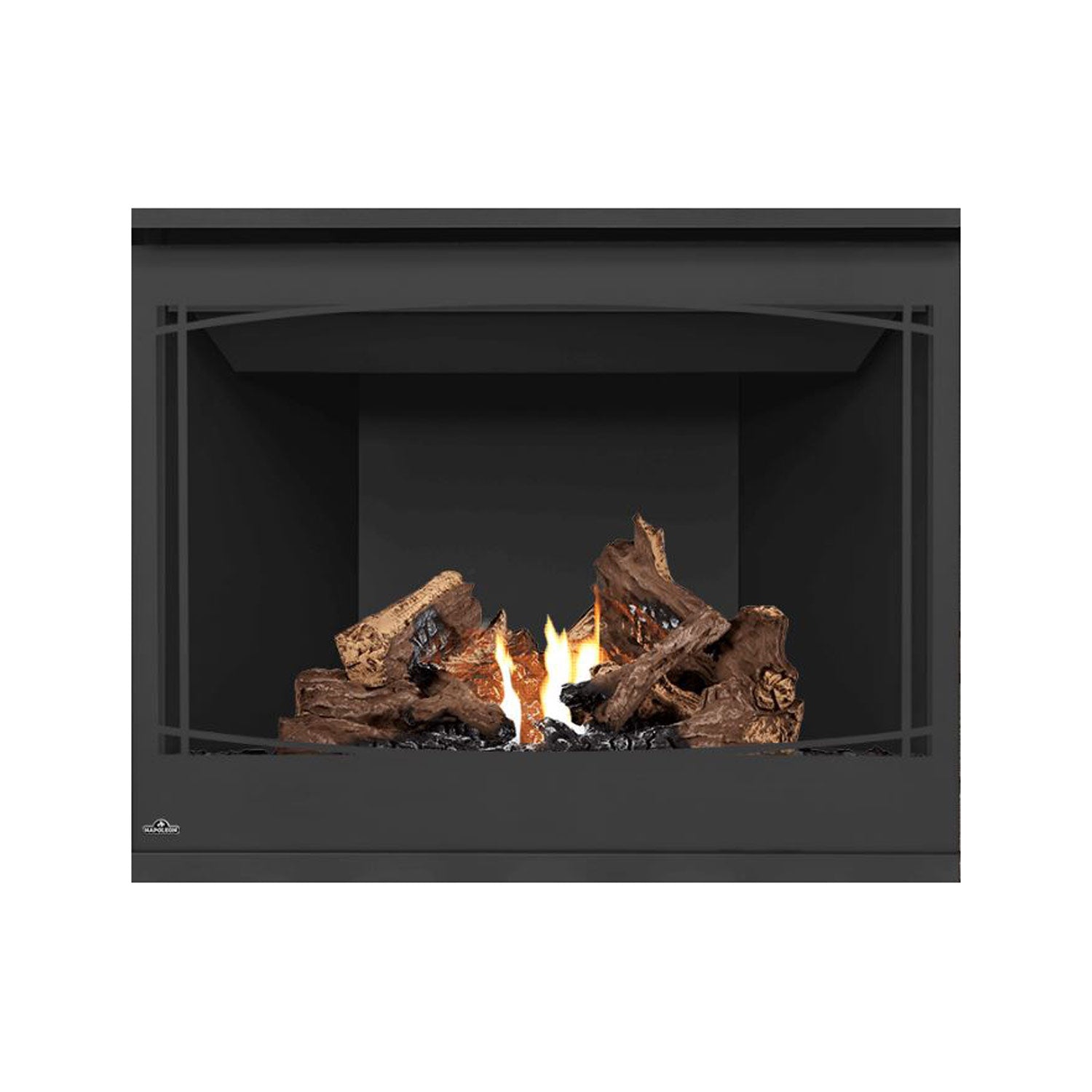 Napoleon direct vent gas fireplace with dark frame and lit log set behind glass