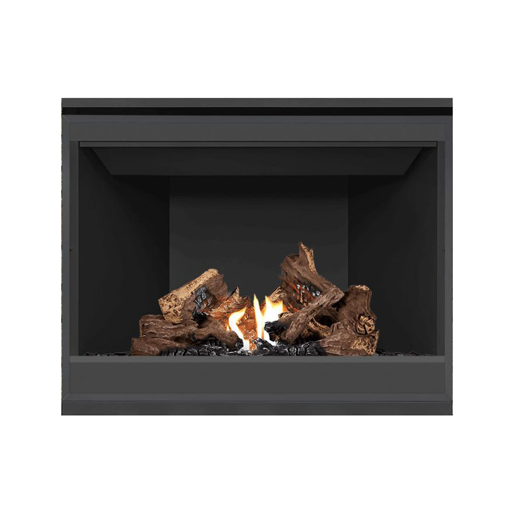 Direct vent gas fireplace with dark gray surround and glass-front opening, burning log set visible