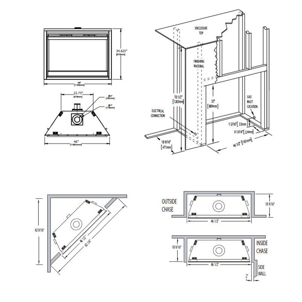 Gas fireplace installation and venting dimension diagram with labeled components