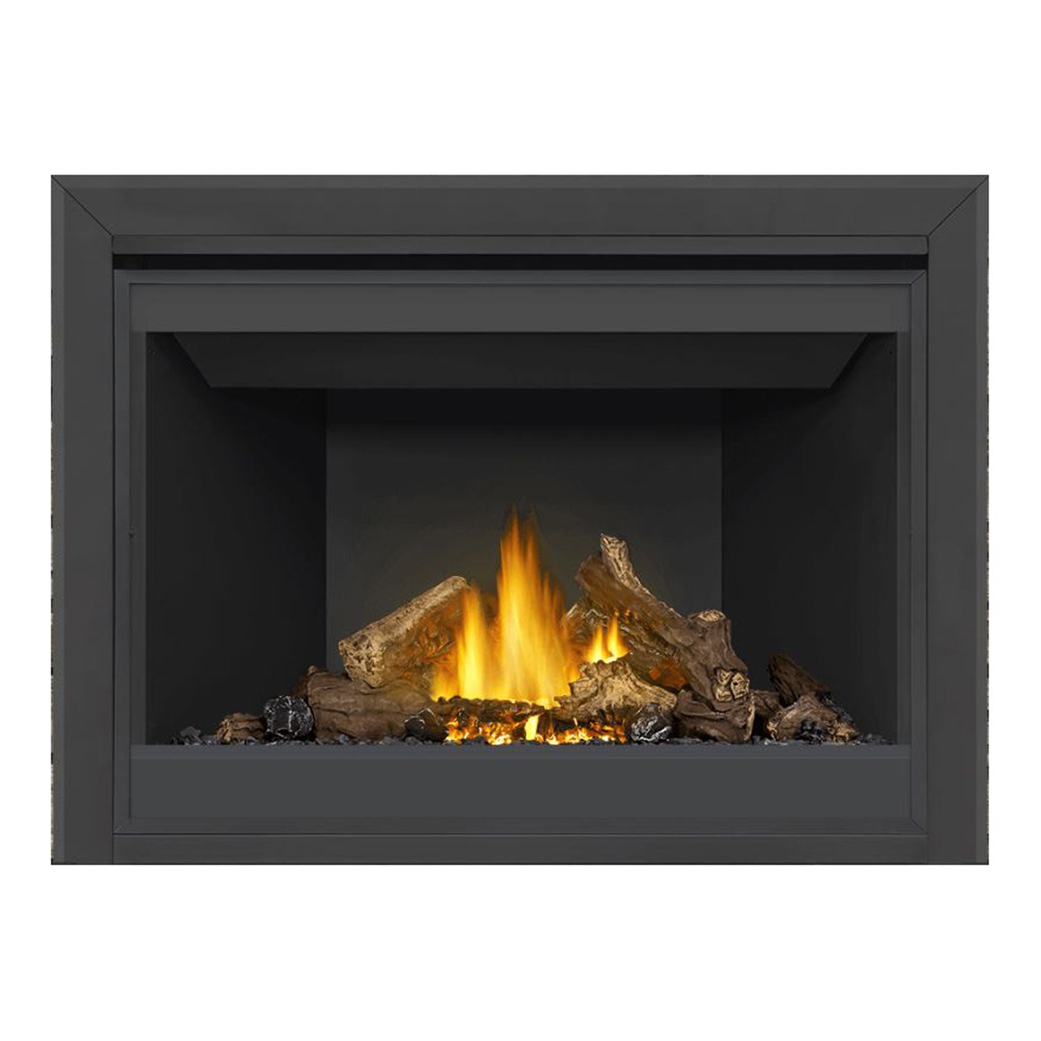 Black direct vent gas fireplace with glowing flames and log set behind glass