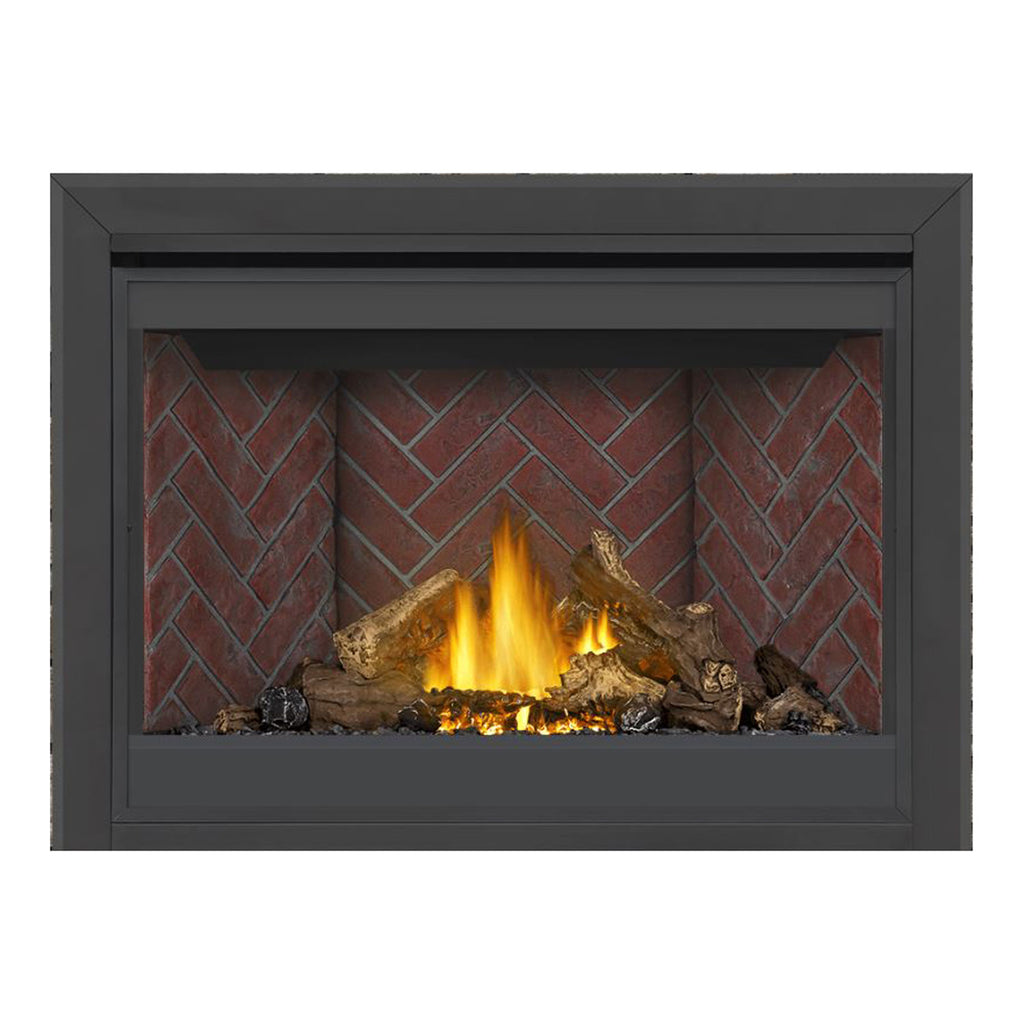 Direct vent gas fireplace with red brick backdrop, orange flames, and logs