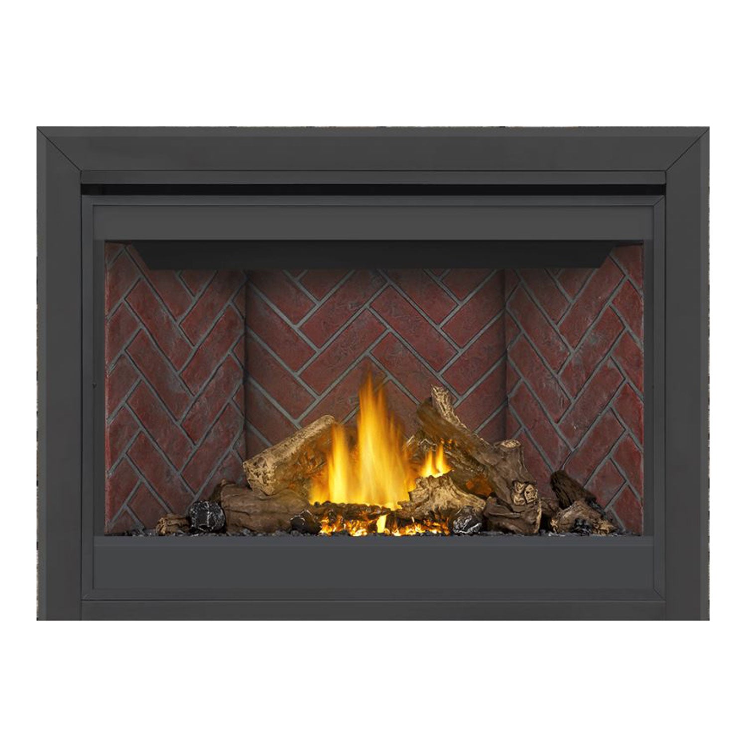 Direct vent gas fireplace with red brick backdrop, orange flames, and logs